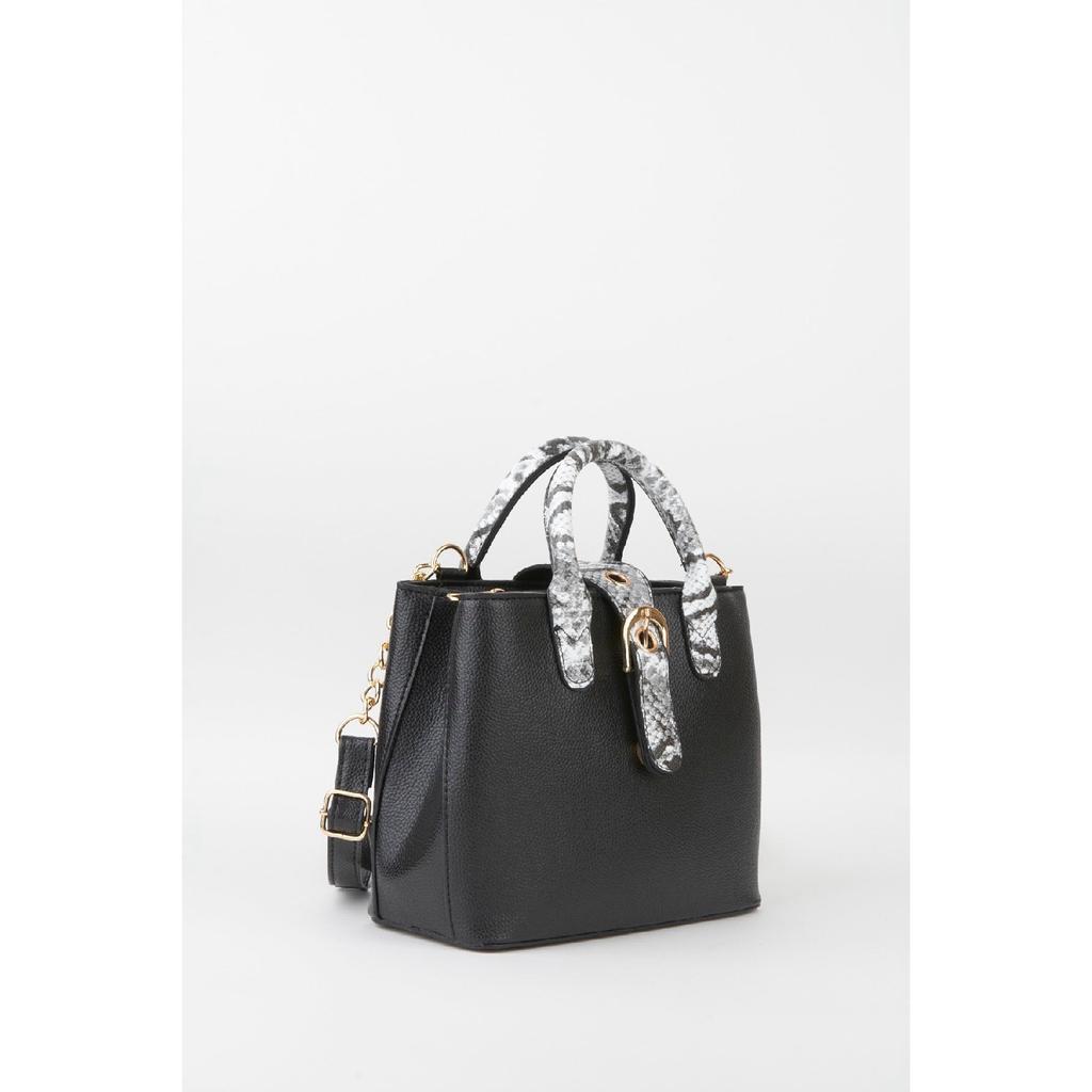 Women's Black Faux Leather Croco Patterned Strap Snap Fastener Zipper Closure Hand And Shoulder Bag