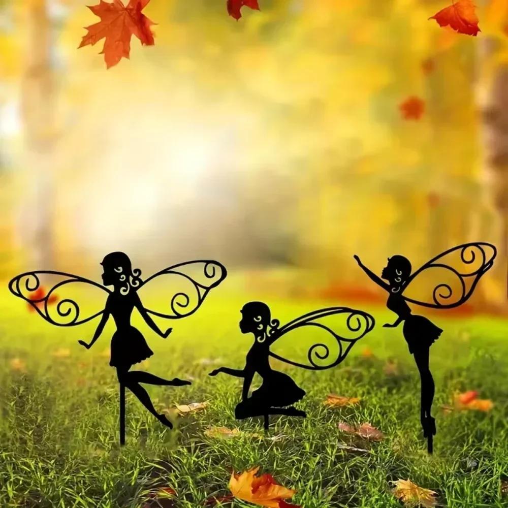 3 шт. Металлический силуэт феи-цветка, садовые достопримечательности, декоративные скульптуры фей для загородных садов, уличного искусства на лужайке