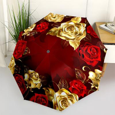 Golden Rose Люкс Цветочный узор Круглый дизайн Зонт Портативный 3-складной Компактный зонт для мужчин и женщин Подарок