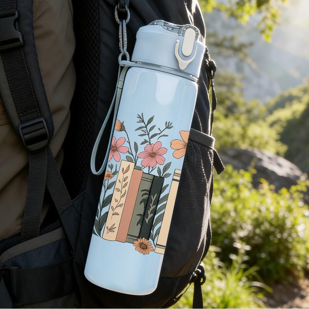 1PC Dried Flower Book Stack Art 750ml Color Plastic Sports Water Bottle Leakproof Flip Straw Lid Suitable for Sports Office Home Use