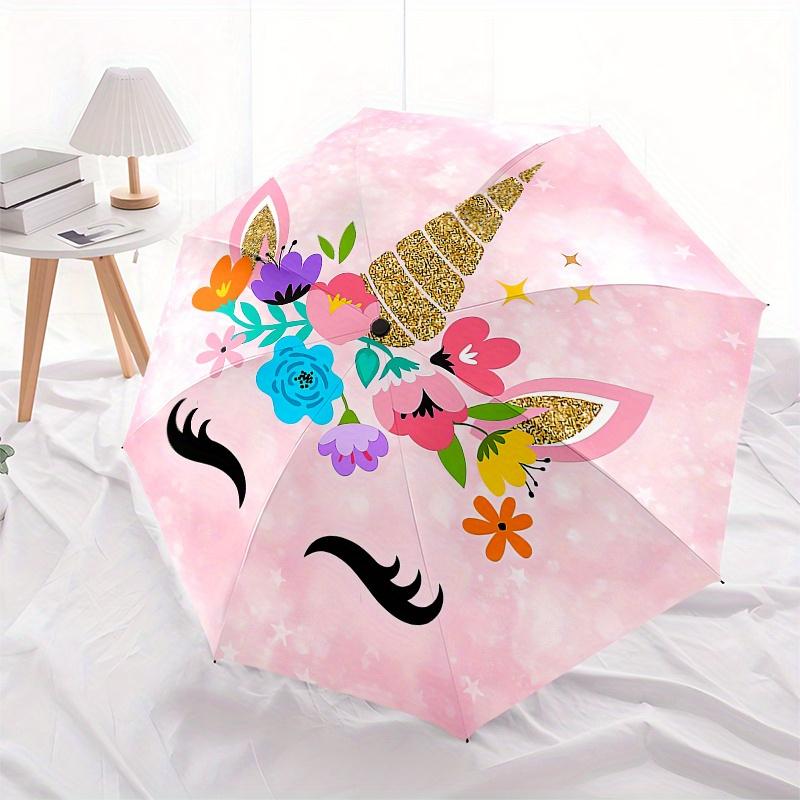 Unicorn Flowers Automatic Folding Umbrella Simple 8 Rib Design, Bright Cartoon Pattern, Durable Iron Frame, Suitable For Travel, Outdoor, B