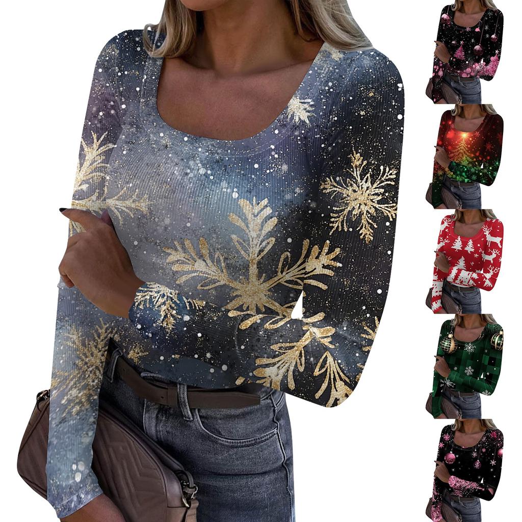 Женская мода Slim Bottom Casual с длинным рукавом и рождественским принтом пуловер с U-образным вырезом