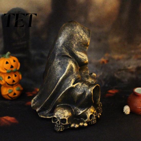 Spooky LED Ornament for Halloween Party Wizard Ghost Night Light with Embossed Skull Base, Resin Glowing Figurine, Environmentally Friendly