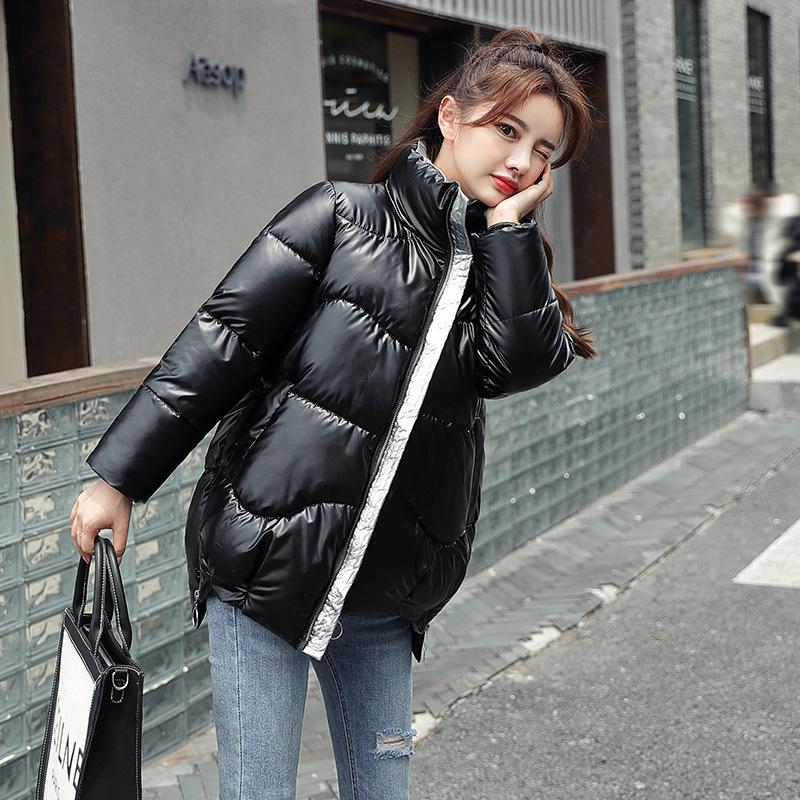 Блестящий кожаный женский новый короткий воротник-стойка, свободный хлебный костюм, модное зимнее пальто