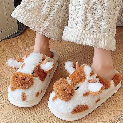 Модные милые хлопковые тапочки с пятнистой коровой для женщин, домашние, нескользящие, теплые, плюшевые шлепанцы, женские, с круглым носком, надеваемые, хлопковые тапочки для дам