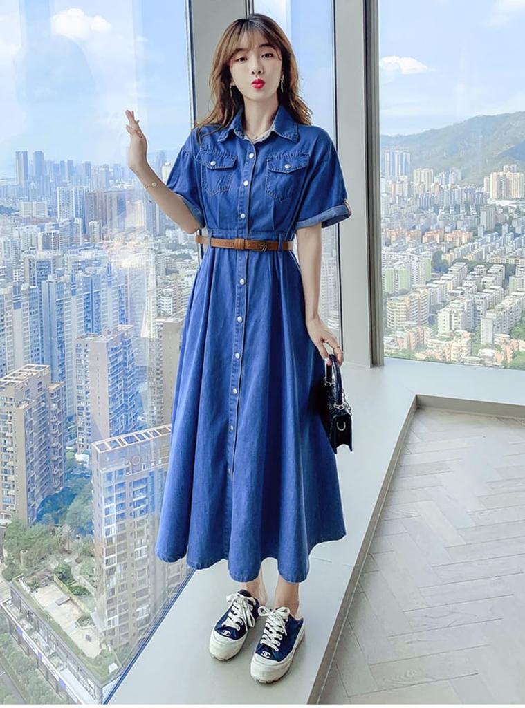 Летняя джинсовая рубашка Seira Длинная Короткая Легкая Однотонная с Элегантным Женским Платьем Офисной Леди, Платье, Платье, Рукав, А-силуэт, Платье, Отложной воротник,