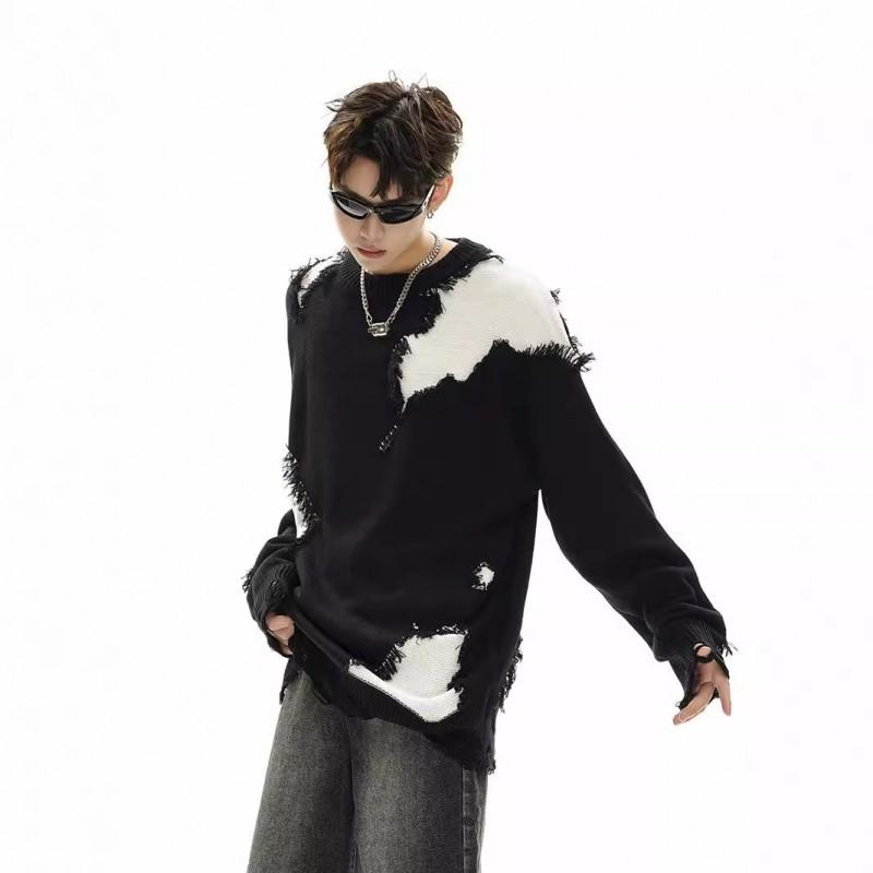 Streetwear Distressed Knit Sweater Retro Couple Hip Hop Style Loose Fit Pullover Teens