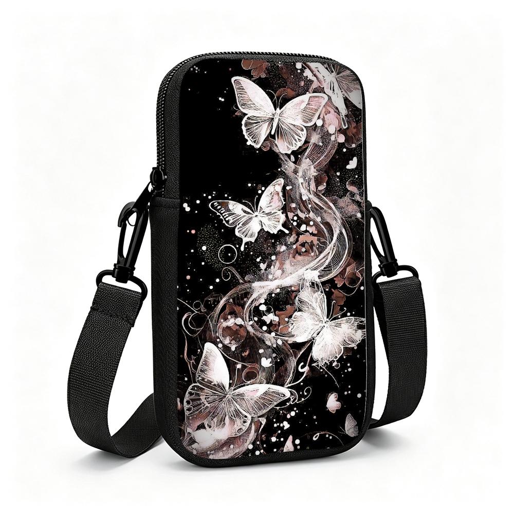 Elegant White Butterfly Floral Print Crossbody Phone Bag, Aesthetic Festive Pattern Mini Cell Phone Sling Pouch, Stylish Christmas Gift Small Shoulder