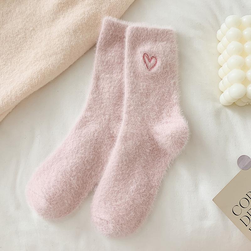 Women's Solid Color Home Socks Autumn and Winter Mid Calf Thickened Warm Mink Velvet Pile Socks