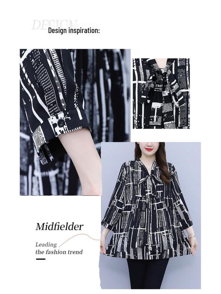 Стильная шифоновая блузка для матерей среднего возраста - Весна/Лето 2024, Свободный крой, Большой размер, Топ с рукавом 3/4