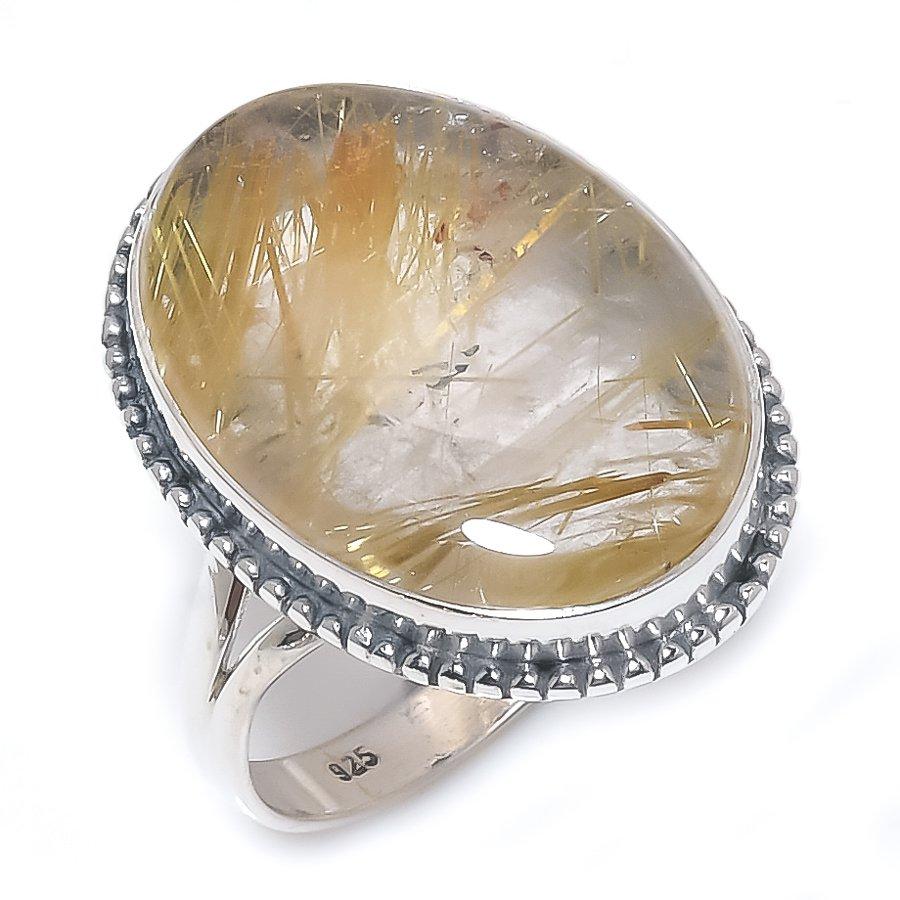 Natural Golden Rutile Gemstone Handmade 925 Solid Silver Jewelry Ring S.9 I0t39