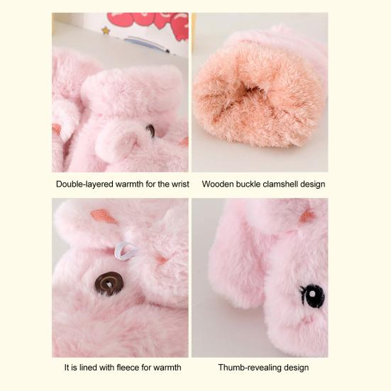 1 Pair Women Plush Rabbit Fingerless Gloves Warm Thick Winter Convertible Flip Top Cartoon Bunny Gloves Outdoor Cold Weather Half Finger Mittens