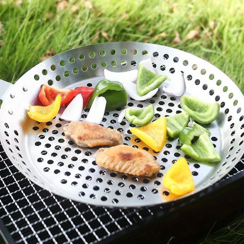 Stainless Steel BBQ Grill Pan , Round Perforated Grilling Basket with Handle, Outdoor Grill Topper for Vegetables, Meat, Pizza