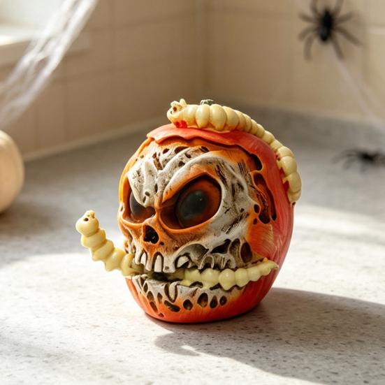 Gothic Home Atmosphere Decor Halloween Skull Apples Resin Statue, Spooky with Niche Horror Collection Pieces Worm, Prop for Party Haunted House,