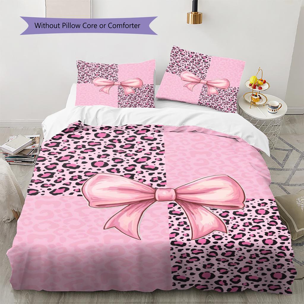 Pink Bowknot Leopard Pattern Bedding Quilt Set Quilt Cover Pillowcase Home Decoration Gift (1 * duvet cover + 2 * pillowcase, without core)