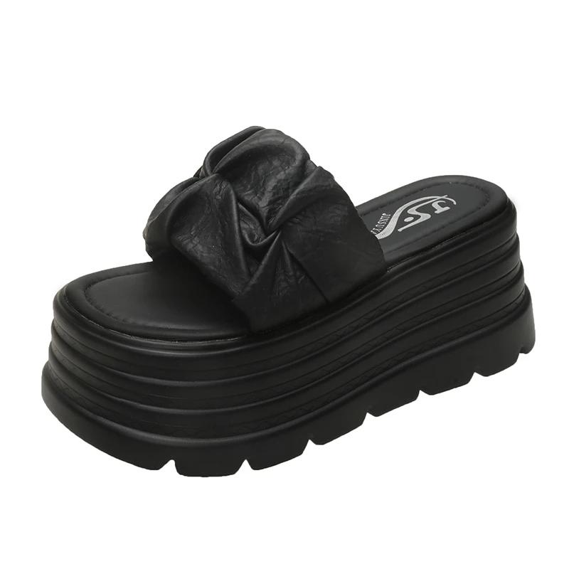 Модные 8 см Летние женские тапочки Новые плиссированные Толстая подошва Папины кроссовки Повседневные Слайды на высокой платформе Домашние Шлепанцы Кроссовки Женские