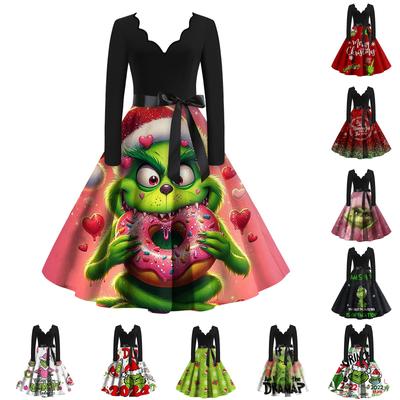 Женское облегающее платье свободного кроя с рождественским принтом, контрастной строчкой, V-образным вырезом и длинными рукавами