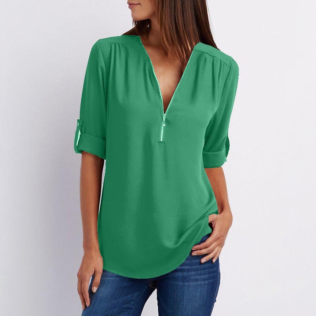 Women's Fashion Commuting Zipper V-Neck Rollable Sleeve Casual Solid Tops Blouse Loose T-Shirt
