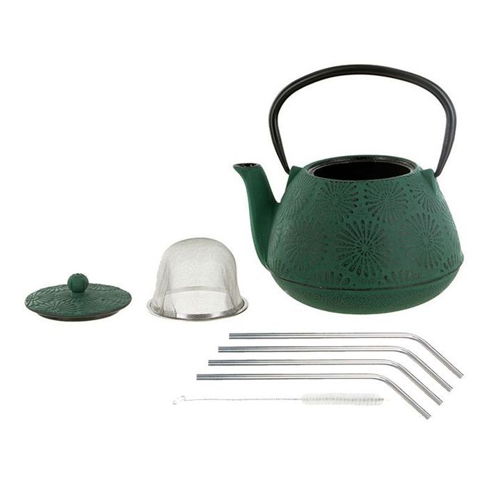Théière en fonte Hanami vert émeraude 1,2 L + 4 pailles en inox