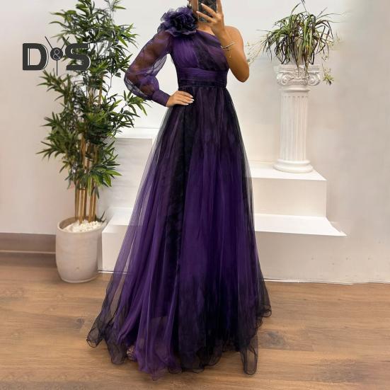 Женское вечернее платье с 3D-цветочным декором на одно плечо, плиссированное, сетчатое, банкетное платье, одно плечо, длинный рукав, тонкая талия, А-силуэт, длина до пола, разрез, подол, шар