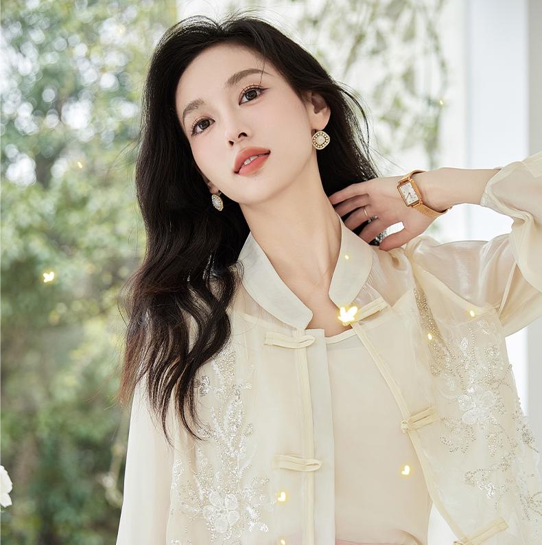 New Chinese Style Stand Up Collar, Buckle, Heavy Industry, Sequin Embroidery, Transparent Shirt, Adjustable Shoulder Strap, Sling Set