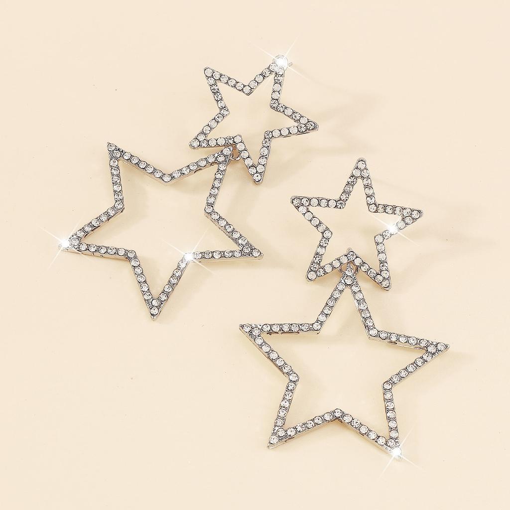 Блестящие серьги-подвески в форме двух полых звезд разного размера, инкрустированные стразами, модные украшения для ушей, идеальный аксессуар для женщин, повседневный гламур