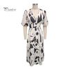 Женское летнее платье макси с V-образным вырезом, повседневные длинные платья в стиле бохо с цветочным принтом, короткие пышные рукава, струящиеся пляжные платья для гостей на свадьбу