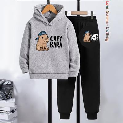 2 шт. комплект толстовки и джоггеров с капибарой для мальчиков, детская уютная одежда, игровая одежда с капибарой, машинная стирка, спортивная, активная, для мальчиков, идеально для улицы