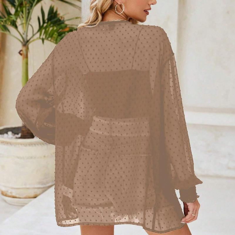 Fashion Thin Long Sleeve Plus Size Casual Blouse Women Summer Solid Elegant Loose Cardigan Shirts Women Tops See Through Sexy Ladies Blouses 25904