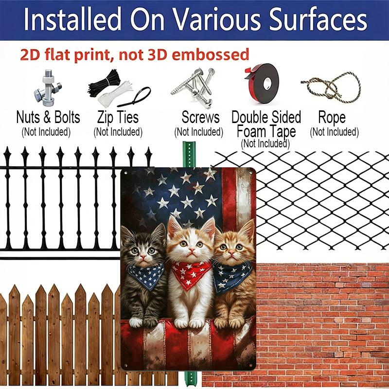 2D Flat Patriotic Kitten Metal Sign, 8×12 Inch Aluminum Wall Art, Cute Cats with Star Bandanas, Durable Decor for Pet Lovers, 4th of July