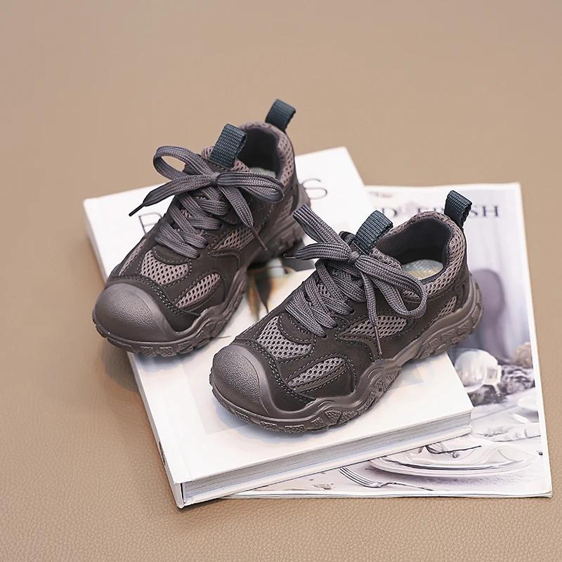 Спортивная обувь для девочек, детская повседневная обувь для мальчиков, на шнуровке, с сеткой, дышащая, противоударная, модная детская спортивная обувь для бега, мягкая