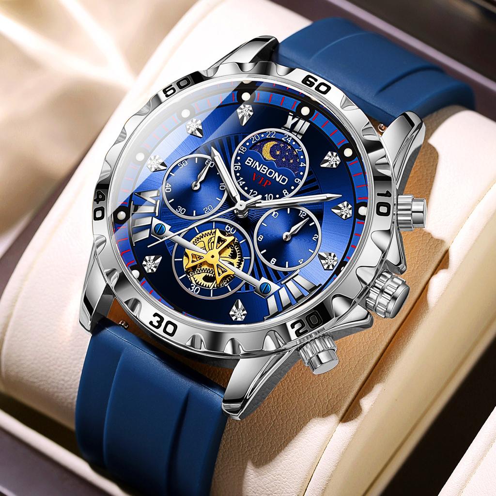 BINBOND Trend Fashion Men Watches Fine Steel Original Brand Quartz Wristwatch for Man Flywheel Chronograph Moon Phase Waterproof