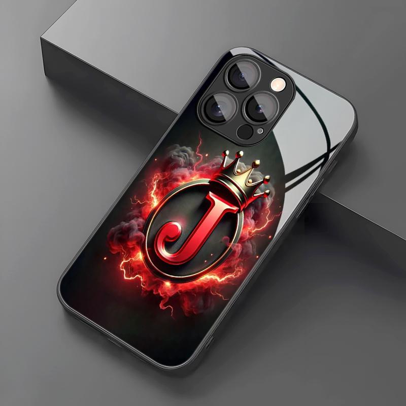 Закаленное стекло для телефона с узором 'Корона Пламя Буква J' для iPhone 17 16 15 14 13 12 11 Pro/Max/Plus, Ударопрочная задняя крышка
