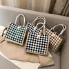 Plaid Linen Canvas Bag Single Shoulder Tote Bag Class Carry-on Shopping Bag Internet Celebrity Retro Chic Women's Bag