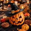 Weighted Solid Resin Figurines Halloween Pumpkin Ornament with Witch Hat, Jack O Lantern Decorative Lamp, Creepy Script Killing Props Spooky