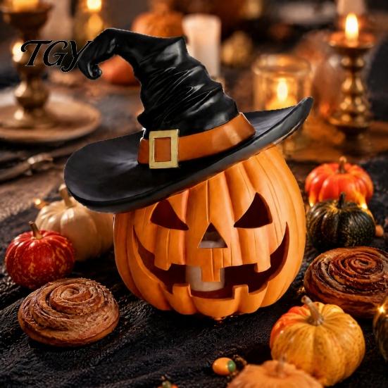 Weighted Solid Resin Figurines Halloween Pumpkin Ornament with Witch Hat, Jack O Lantern Decorative Lamp, Creepy Script Killing Props Spooky