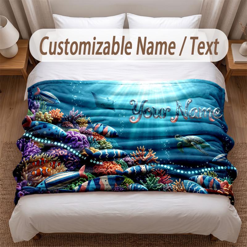 Fish Ocean Theme Soft Blanket Personalized Custom Name Text Print Warm Blanket Home Sofa Bedroom Decor