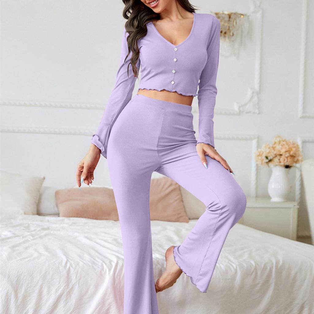 Женский комплект пижамы, повседневный топ с длинными рукавами, V-образным вырезом и эластичными брюками, осенняя удобная однотонная домашняя одежда, комплект из 2 предметов пижамы