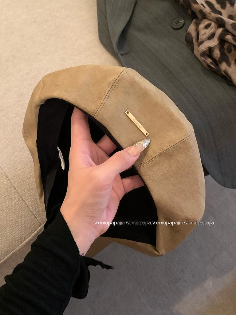 Pu Leather Beret Women's Autumn and Winter New Face Small Pumpkin Hat Literary and Retro Star Anise Painter Bud Hat