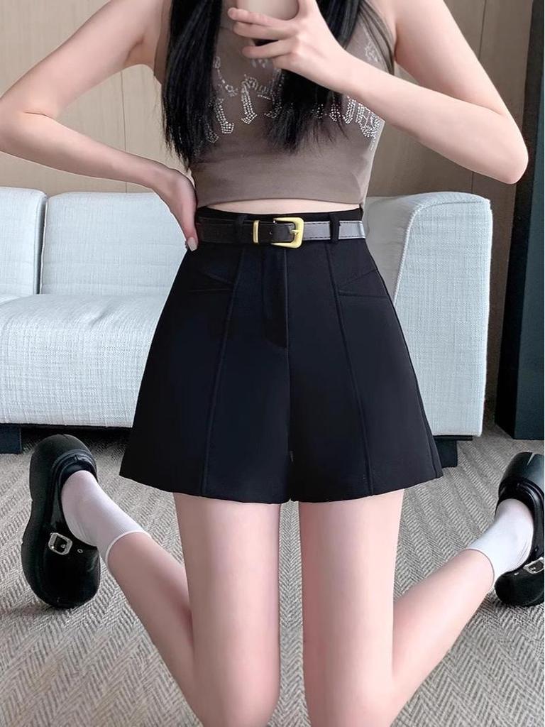 Women's High-Waist Summer A-line Booty Shorts - Black Outwear Slimming, Loose, Casual Wide-Leg Pants