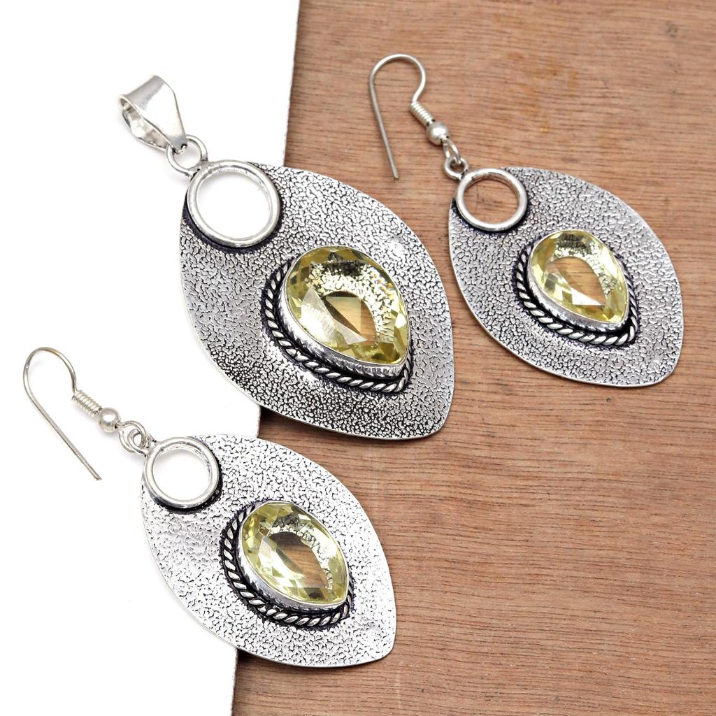Lemon Topaz Gemstone Mother's Day Jewelry Pendant Earring Set