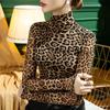 Leopard Tops Long Sleeve Shirt Vintage Comfortable Stretch Slim Fit Jumper High Neck Tops