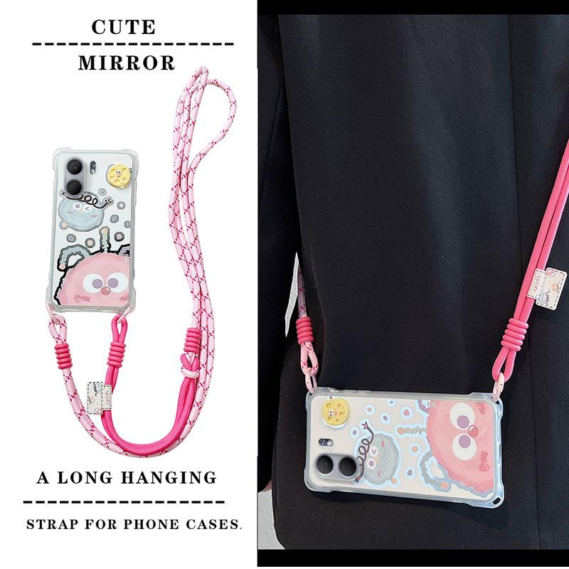KEYSION Crossbody Strap Phone Case for OPPO A5X 5G Cute Cartoon Long Lanyard Mirror Shockproof Cover for OPPO A5X