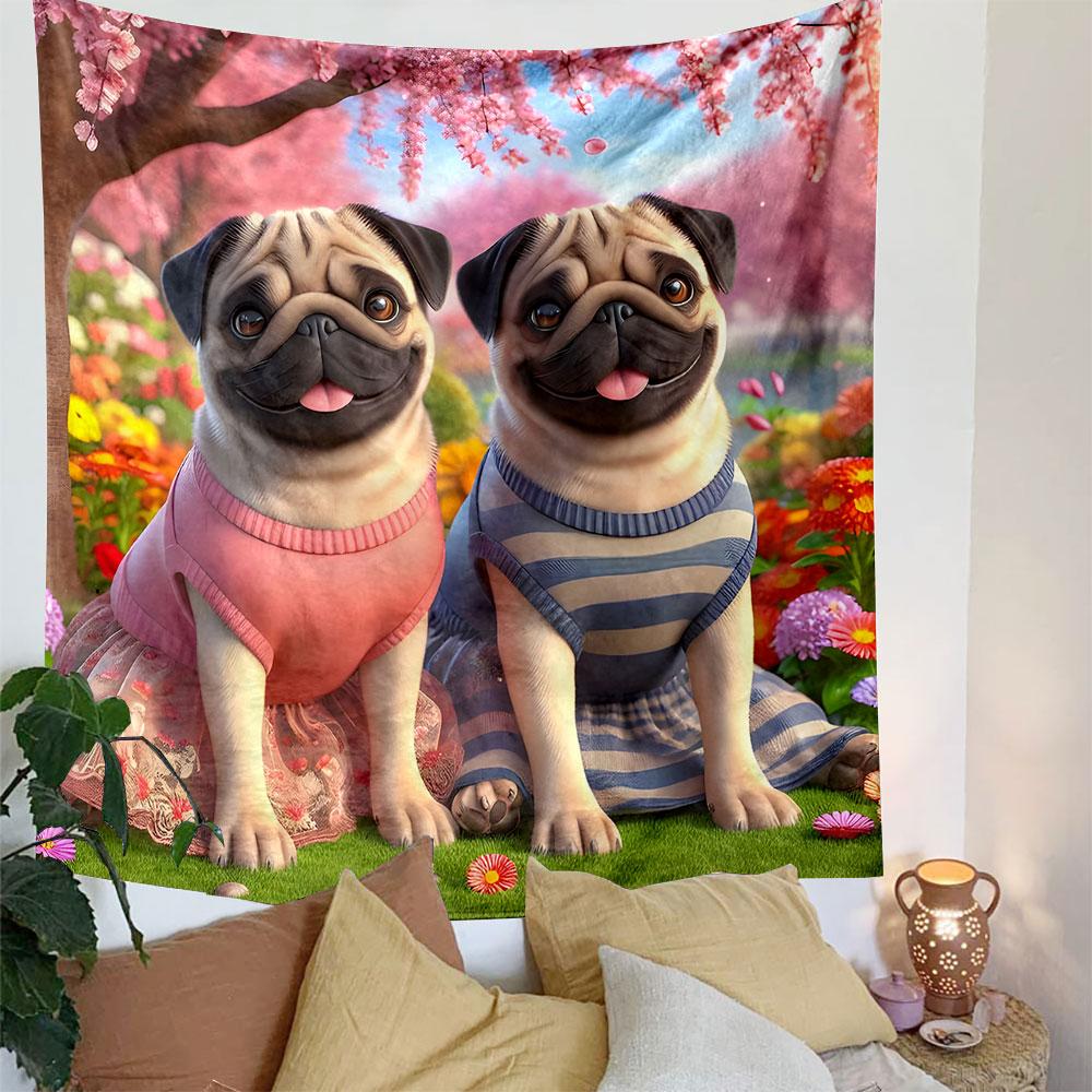"Pugs in Dresses with Cherry Blossom Scene" Patterned Tapestry Decorative Wall Hanging, Home Bedroom Living Room Decor