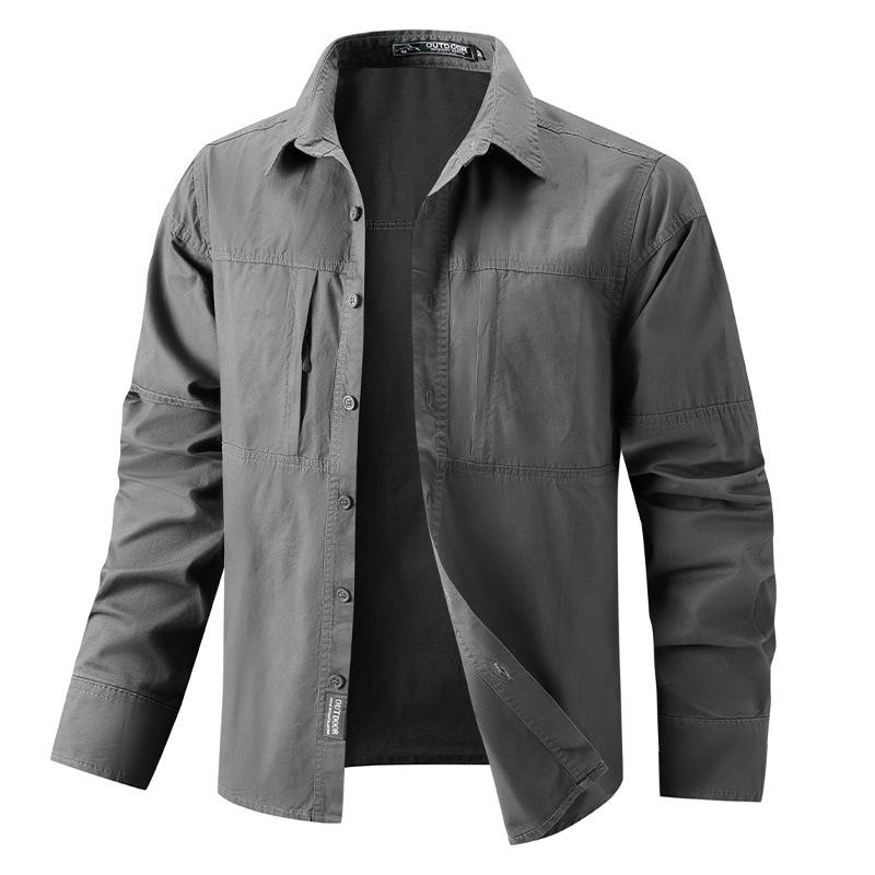 Мужская рабочая одежда с длинным рукавом, новая осенняя модель, большая карманная рубашка на двойной молнии, большой размер, 100% хлопок, рубашка для среднего и молодого возраста, тонкая