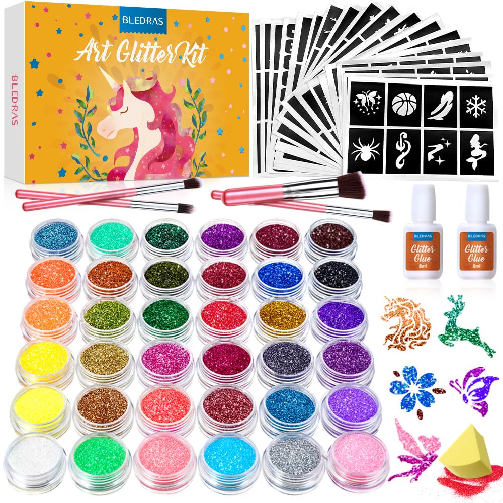 Glitter Tattoo Set, Bledras 36 Colors Kids Tattoo Set, 178 Stencils, 5 Brushes, 2 Glue, Flash Tattoo Kit for Girls, Boys and Adults, Carnival
