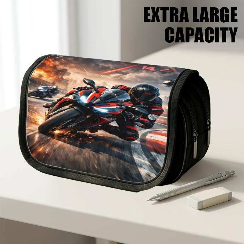 1pc Double Layer Flip Pencil Case, Red Motorbike Racing Rider Fiery Track, Large Capacity, Portable Polyester Pen Storage Bag with Zipper Closure, Ide