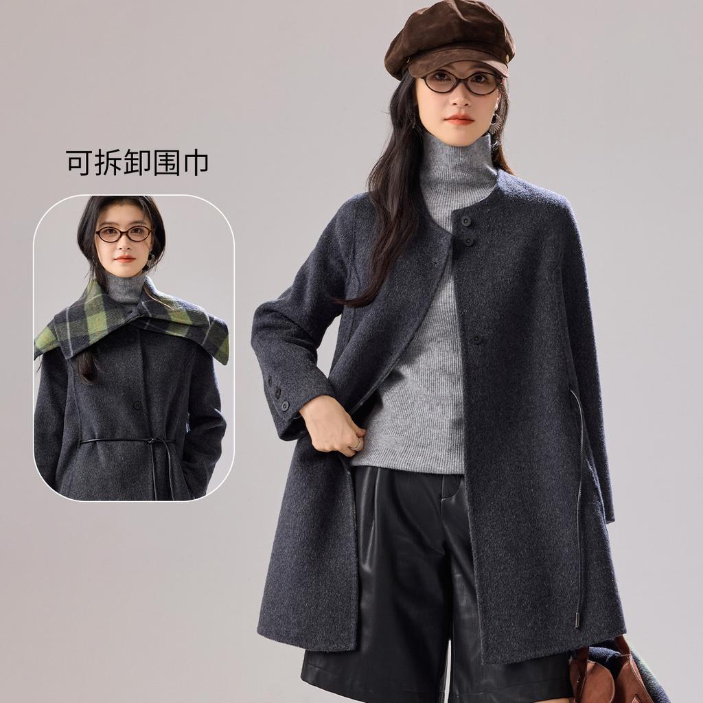 [Wool Coat] Autumn and Winter New Large Collar Plaid Interior Fashionable Loose Medium Length Coat