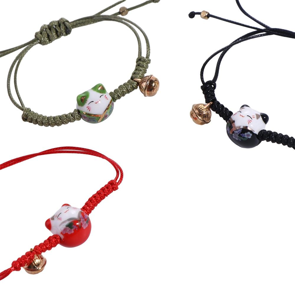 Ceramic Cat Pendant Chinese Style Jewelry Red Braided Rope Women Hand Ring Maneki Neko Bracelet
