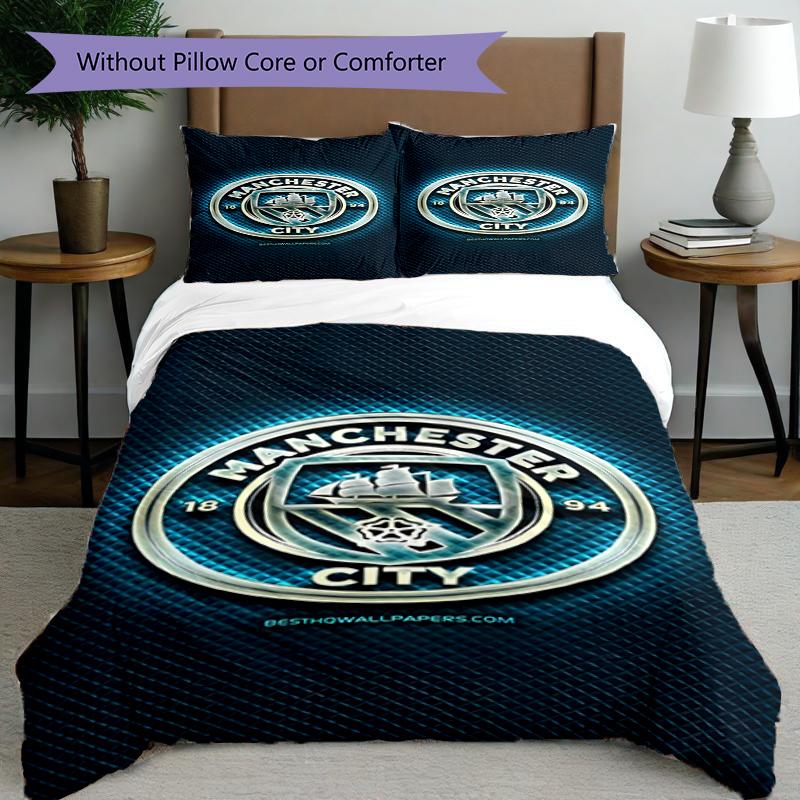 3pcs Duvet Cover Set (1*Duvet Cover + 2*Pillowcase, Without Core),Manchester City FC Print Bedding Set, Bedroom Decor, All‑Season, Birthday Gift